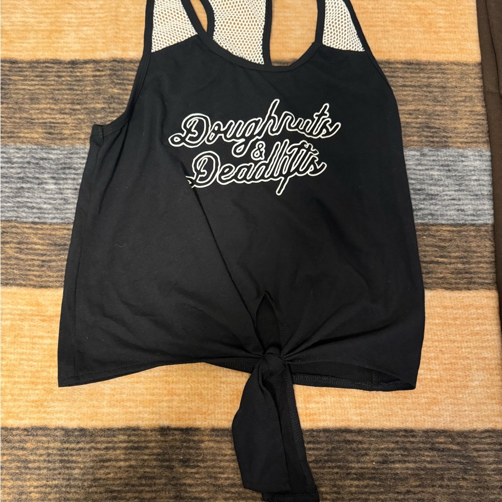 Doughnuts & Deadlifts Black Women's tie-front Tank Top sz L NWOT